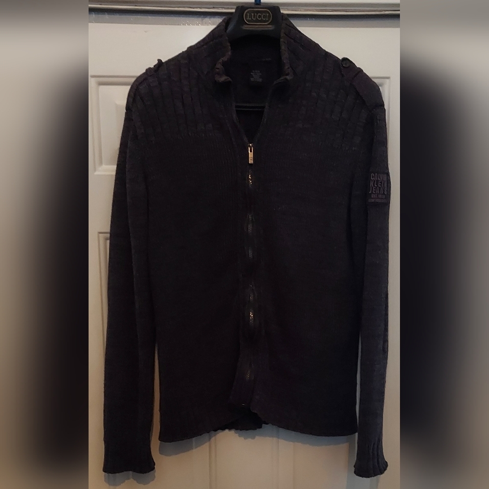 CALVIN KLEIN JEANS EST. 1978 MENS HEAVY BLACK-GRAY COTTON ZIPUP  SWEATER SIZE XL